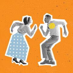 Emotional couple of dancers dressed in 70s, 80s fashion style dancing rock-and-roll on orange background with drawings.