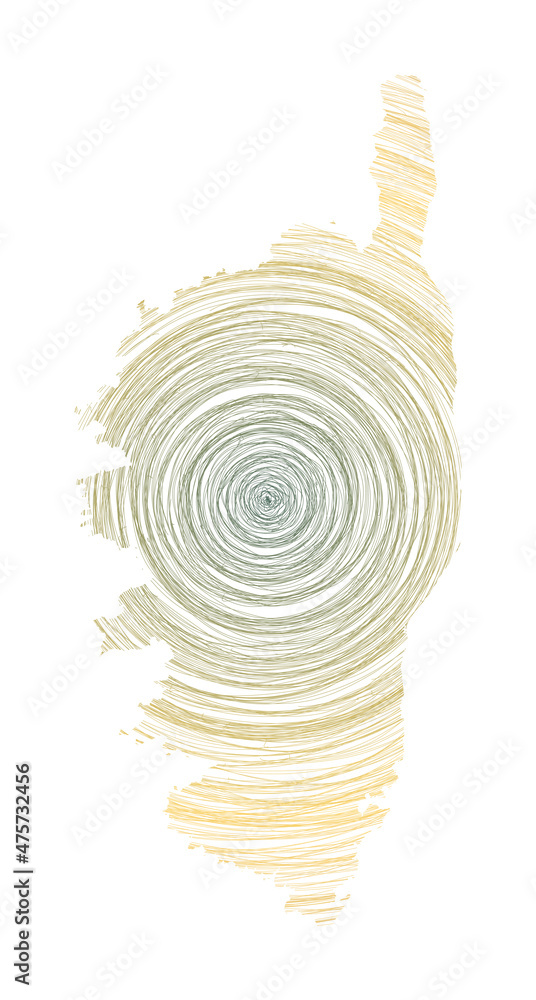 Poster corsica map filled with concentric circles. sketch style circles in shape of the island. vector illu