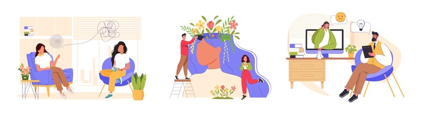 Set of psychologist support concepts. Psychotherapy practice, psychiatrist consulting woman patient. Mental disorder treatment. Psychologist service, private counseling. Vector illustration set