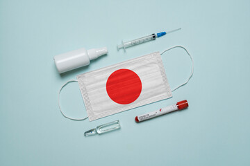 Blood tube for test detection of virus Covid-19 Omicron Variant with positive result, medicine mask with Japan flag superimposed and vaccine.  New Variant of the Covid-19 Omicron - 475732442