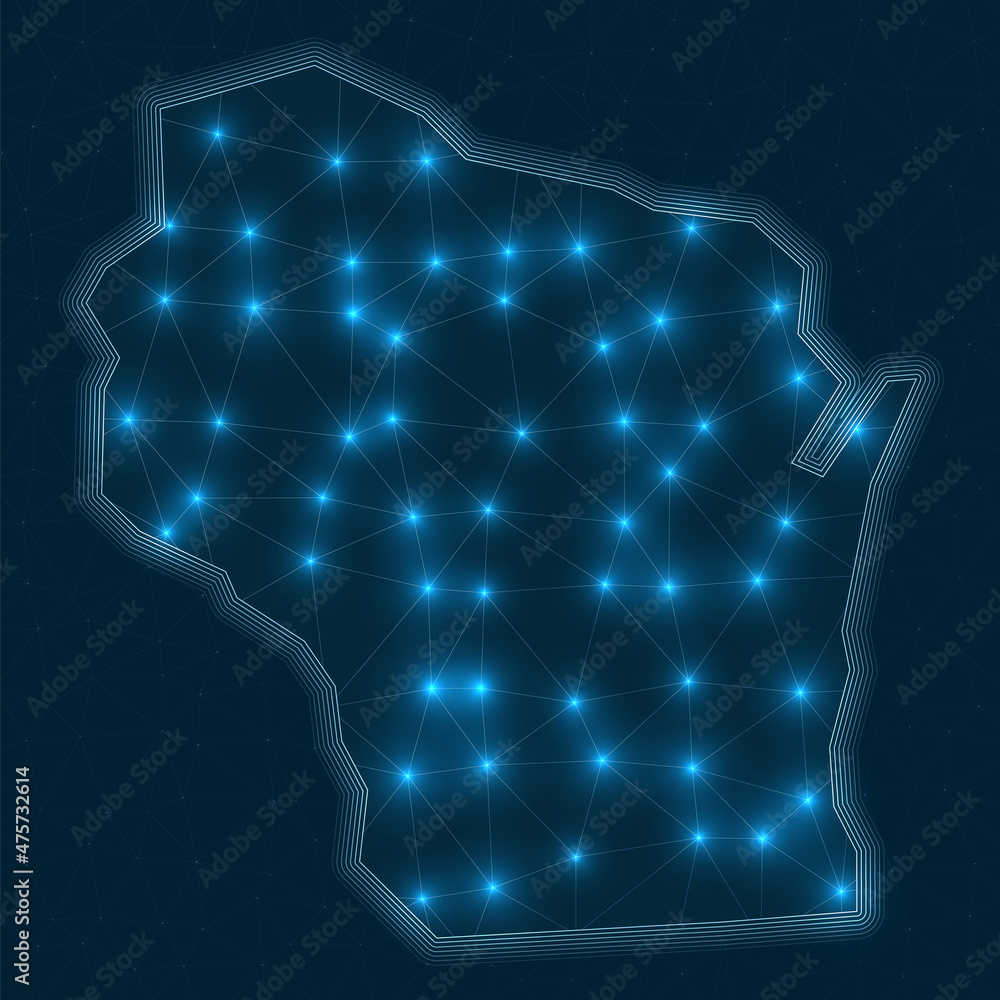 Poster wisconsin network map. abstract geometric map of the us state. digital connections and telecommunica
