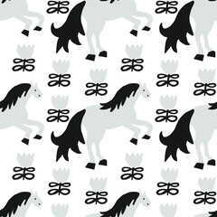 Seamless vector pattern with gray and black horse illustrations on transparent background.Scandinavian,abstract,animalistic hand drawn line style print.Design for fabric,wrapping paper, packaging.