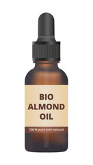 Vector illustration of an amber glass dropper bottle with bio almond oil used in pharmaceuticals, cosmetics, and food preparation isolated on a white background. 100 % pure and natural essential oil.
