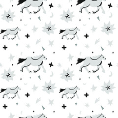 Seamless vector pattern with gray and black horse illustrations on transparent background.Scandinavian,abstract,animalistic hand drawn line style print.Design for fabric,wrapping paper, packaging.