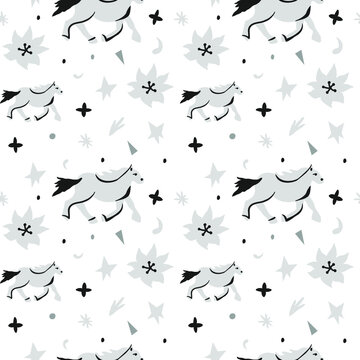Seamless vector pattern with gray and black horse illustrations on transparent background.Scandinavian,abstract,animalistic hand drawn line style print.Design for fabric,wrapping paper, packaging.
