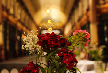 Bouquet of roses and tulips in Leadenhall Market, London, UK.