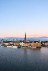 Fototapeta na wymiar Landscape shot of Riddarholmen island, central Stockholm, Sweden, at sunset.