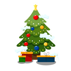 Christmas tree with decorations and gift boxes. Holiday background. Merry Christmas and Happy New Year. Vector illustration. Colorful Christmas tree and gifts Vector. Christmas tree vector.