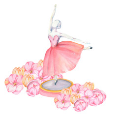 Watercolor illustration. Dancing ballerina in pink dress. Gentle ballerina girl with flowers and peonies. Ballet illustration with hand drawn elements. Design for logo, card, banner, poster. Gentle