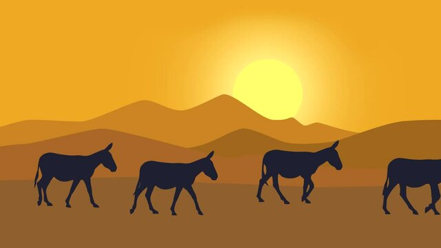 Desert landscape with sun, mountains and walking man with donkeys (animation, seamless loop)