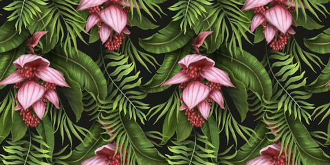 Exotic tropical seamless pattern. Tropical pink flowers and green tropical leaves background. Hand drawing 3d illustration. Dark tropical leaves wallpaper. Design for fabric, wallpaper, goods