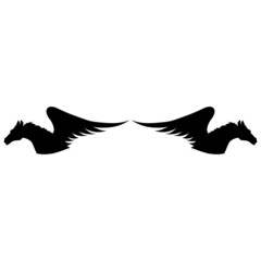 silhouette of two heads black winged pegasus horses with fluffy mane