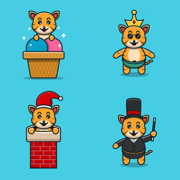 Set Of Cute Baby Tiger Character With Various Poses. On Ice Cream, Chinmey, Wearing Crown, And Magician Costume.