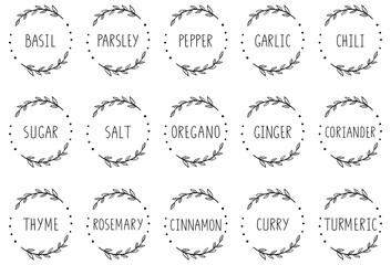 A set of 15 labels for spices. Food stickers for marking jars and containers. Pepper, salt, sugar, ginger, oregano. Elegant hand drawn wreath with handwritten text. Pantry space organization. 