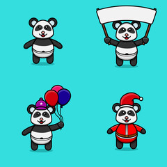 Set Of Cute Baby Panda Character With Various Poses. Bring banner, balloons and christmas banner.