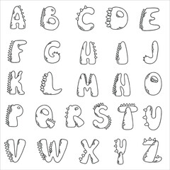 Vector set with English alphabet in dinosaur style. Childish learning material. Hand draw font.