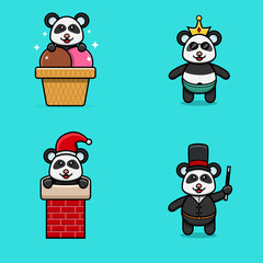 Set Of Cute Baby Panda Character With Various Poses. On Ice Cream, Chinmey, Wearing Crown, and Magician costume.