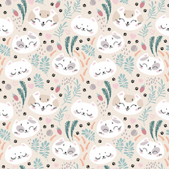 Seamless pattern with cute cat faces and cat footprints. Ornament for children's textiles, typography.
