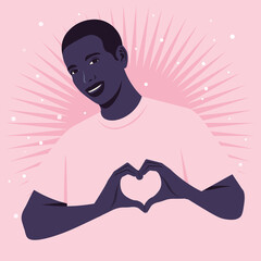 Happy African man is making a heart sign with his hands. Love gesture. Portrait of a loving guy. Valentine’s day postcard. Vector flat illustration
