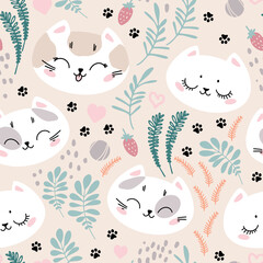 Fototapeta na wymiar Seamless pattern with cute cat faces and cat footprints. Ornament for children's textiles, typography. 