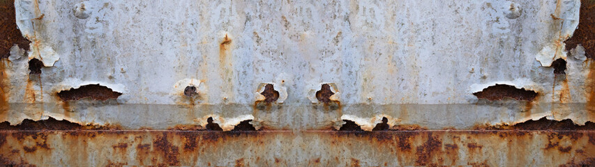 Grunge weathered rusty brown peeled off white metal steel board frame texture background banner...
