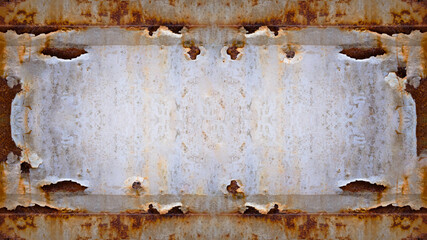 Grunge weathered rusty brown peeled off white metal steel board frame texture background