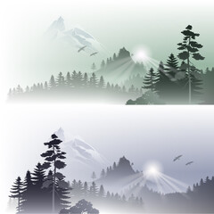 Landscape Scene of the Wood with Fir-trees on a Background of Snowy Mountains. Panorama of Silhouette Mountain Ridges with Forest in the Foreground, Sunrise and Flying Birds