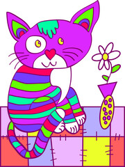 striped funny cat on the rug illustration