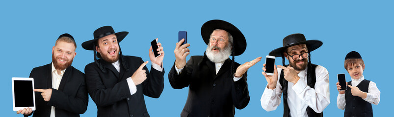 Set of portraits of mixed aged men, orthodox jewish men with digital modern gadgets. Holiday,...