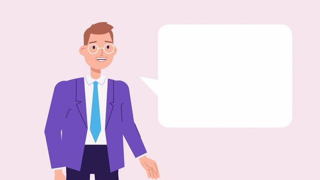 lip syncing Facial Animation for narration. male character businessman speaking, speech bubble, copy space for text. animated footage 2d flat style. talking mouth, lips expressions, articulation. 