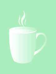 The template for the postcard with a mug of hot drink is made in transparent white color on a blue background. Coffee break. Vector.