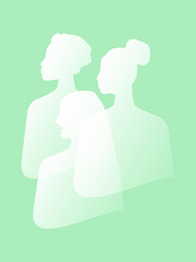 Postcard template with women of different nationalities and religions is made in transparent white color on a blue background. Vector.