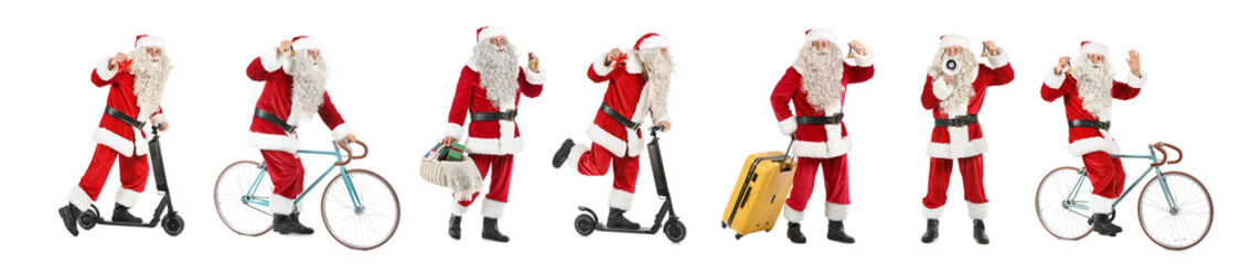 Collage of Santa Claus with Christmas bell on white background