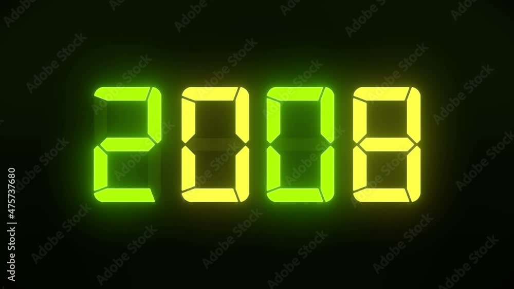 Poster video animation of an led display in green and yellow with the continuous years 2000 to 2022 over da