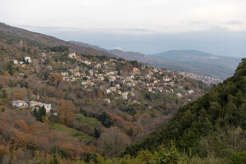 View of a traditional village with stone houses in Greece