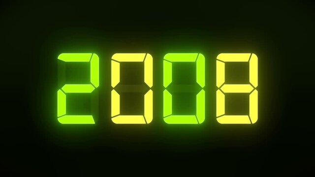 Video animation of an LED display in green and yellow with the continuous years 2000 to 2022 over dark background - represents the new year 2022 - holiday concept