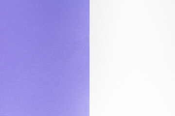 Two colored pieces of paper with a purple and white-gray overlay on the floor. they share half of the image. Double background, flat layout. High quality photo