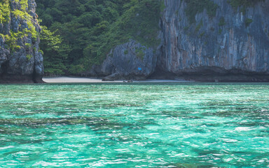 Phi Phi Islands, Thailand - view of this beautiful green sea and of one of the many beaches at Phi Phi Islands