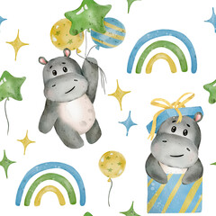 Hand drawn cute isolated baby boy holiday watercolor hippo animal seamless pattern. 