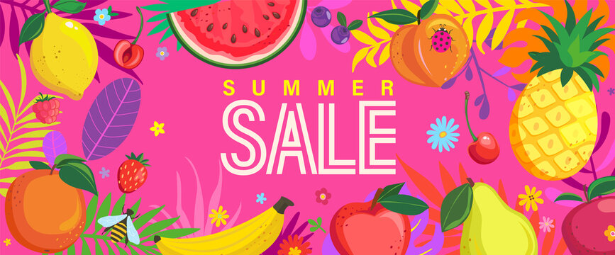 Bright Sale banner for summer 2022. Template offer to big discounts in hot season, poster with hand drawn fruits and berries on pink background. Design for banners, cards, flyers. Vector Illustration.