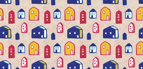 Geometric houses and hand drawn textured shapes seamless pattern. Abstract home background.