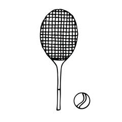 Tennis racket and ball vector illustration, hand drawing doodle
