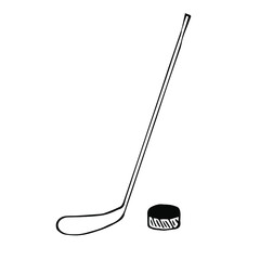 Hockey stick and puck vector illustration, hand drawing doodle
