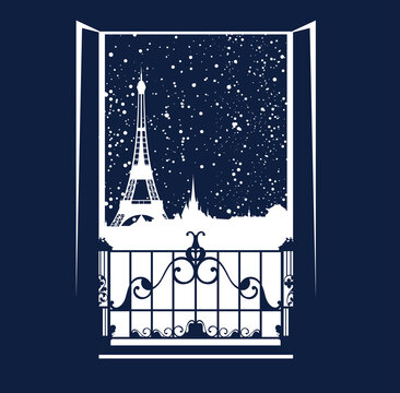 open balcony doors and window view over night Paris city skyline under snowfall - travel to France to celebrate Xmas and new Year vector design