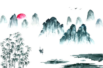 Watercolor painting of scenery in oriental Chinese style. 