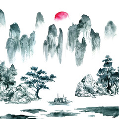 Watercolor painting of the sunset scenery between the middle hills. in oriental Chinese style.