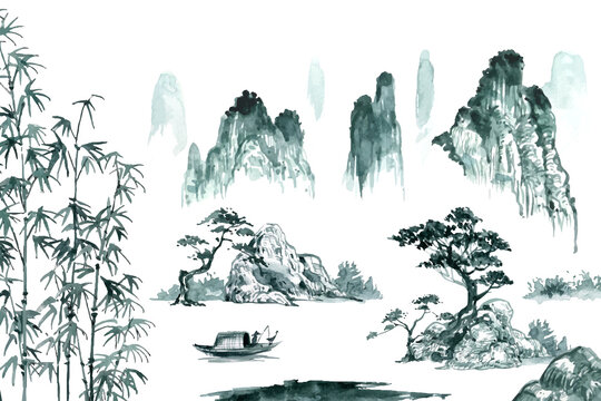 Watercolor painting of a landscape with bamboo in the foreground. in oriental Chinese style. 
