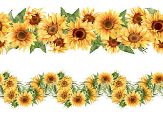Sunflower seamless border. Floral illustration for paper, stationery,  fabric, greeting cards, packaging ets. Repeat ornament. Summer or autumn design. Watercolor flowers isolated on white background