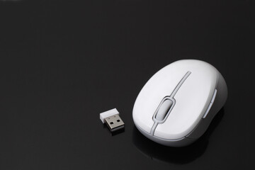 White computer mouse with receiver or dongle on black