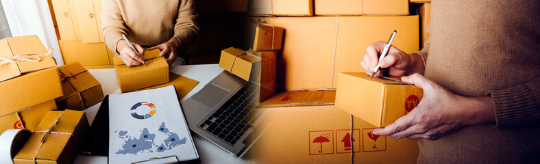 Startup small business SME, Entrepreneur owner using smartphone or tablet taking receive and...